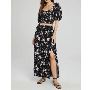 Saltwater Luxe Floral Smocked Puff Sleeve Top & Midi Skirt, Black Pink,M/L(NWOT)
